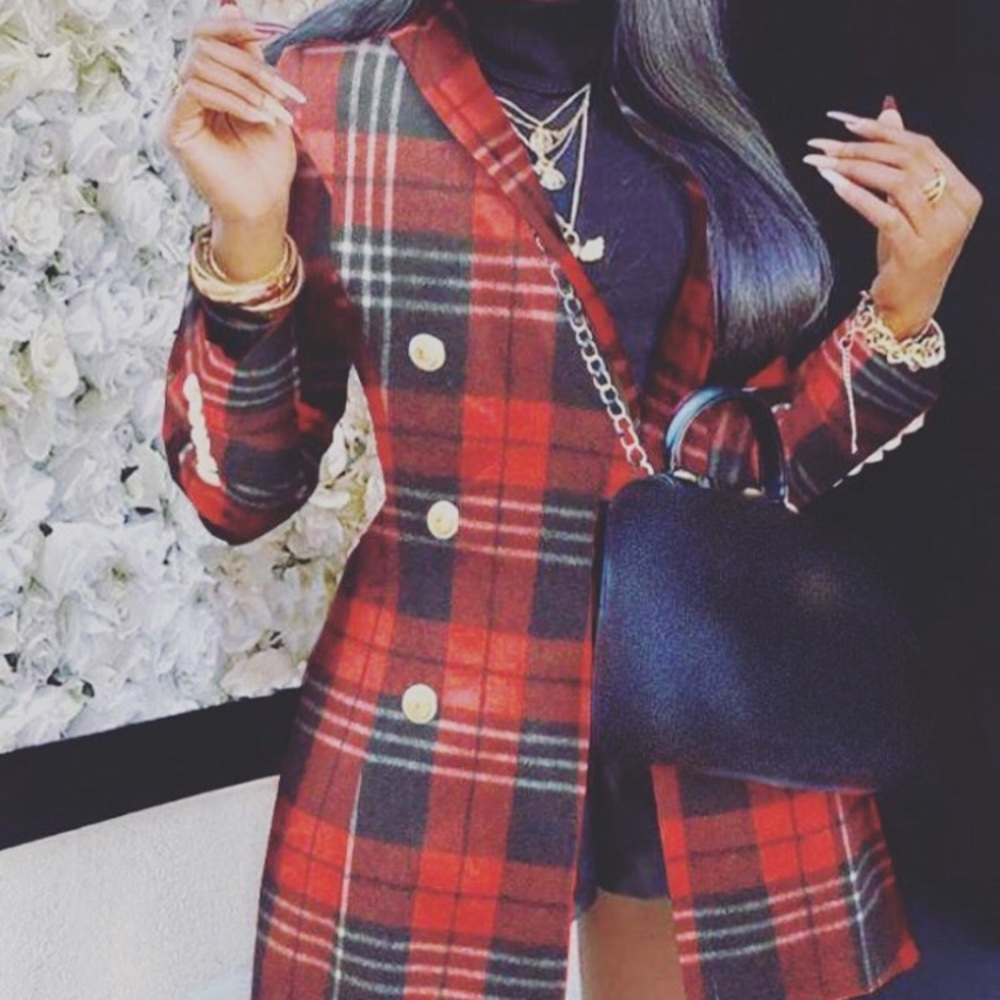 Red plaid patterned jacket